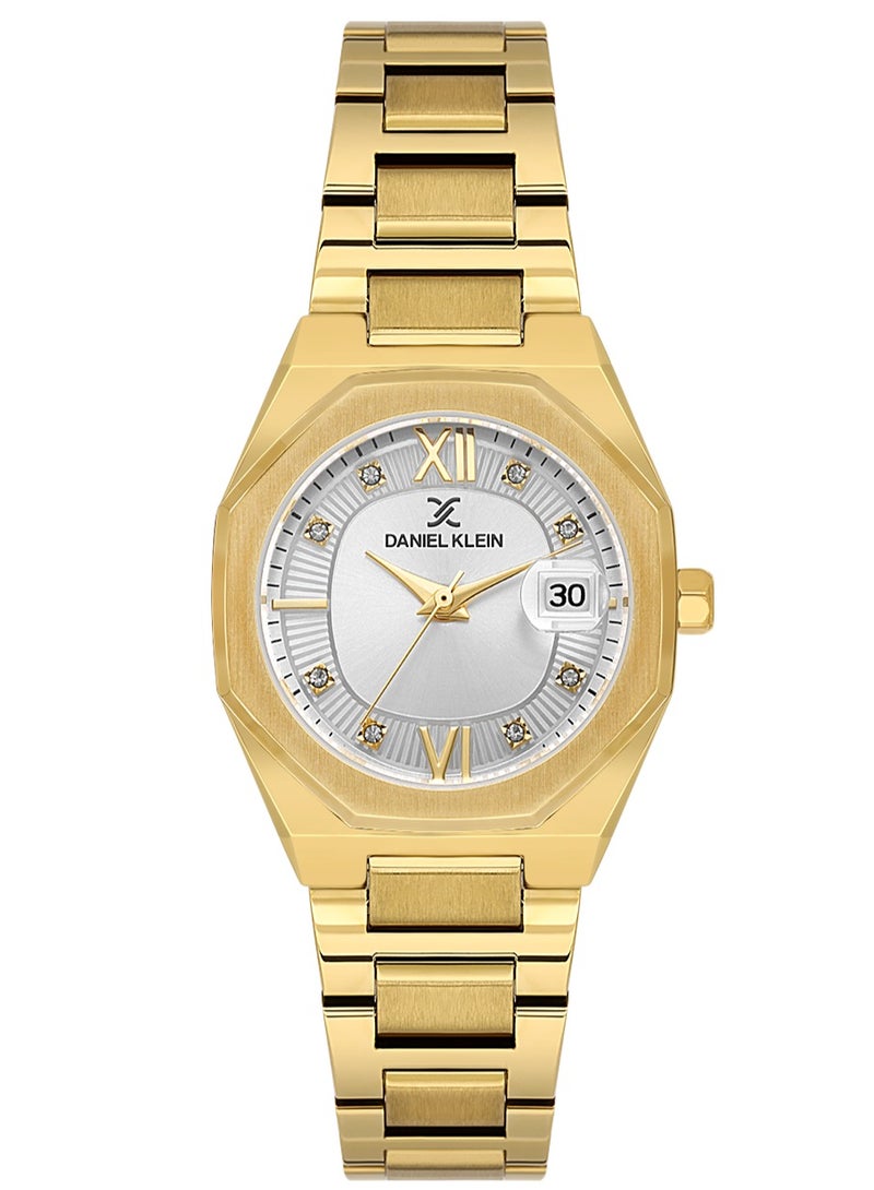 دانيل كلاين ساعة نسائية ستانلس ستيل | هيكل من سبيكة ذهبية | تناظري | قرص فضي دائري منقوش | حركة كوارتز يابانية | فاخرة | مقاومة للماء حتى عمق 30 مترًا - Image 1